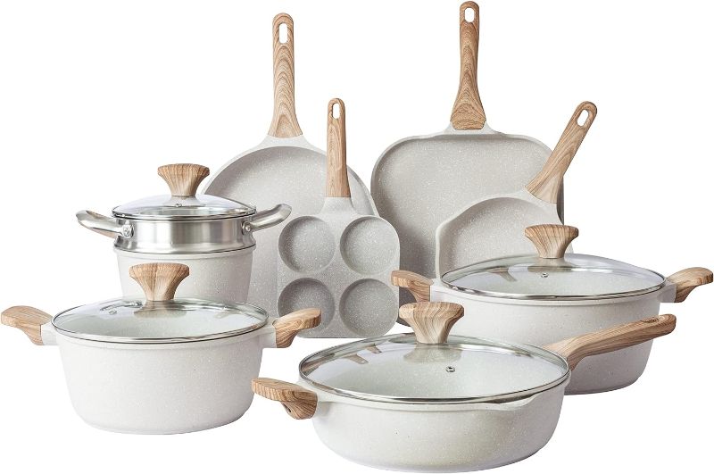 Photo 1 of Country Kitchen Induction Cookware Sets - 13 Piece Nonstick Cast Aluminum Pots and Pans with BAKELITE Handles, Glass Lids -Cream
