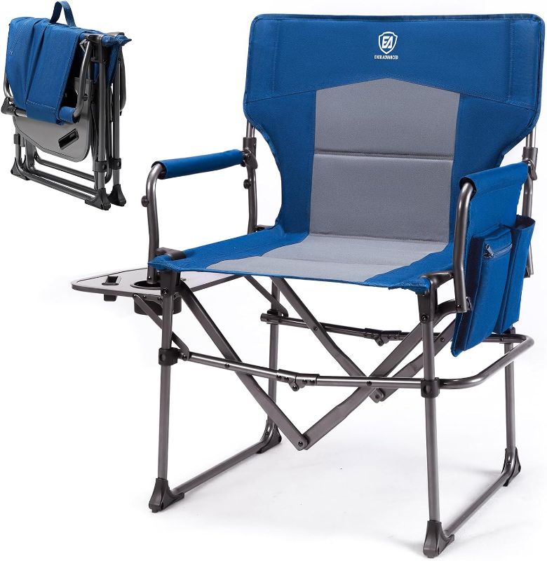 Photo 1 of EVER ADVANCED Camping Directors' Chair with Side Table, Portable Folding Chair with Compact Size, Heavy Duty Lawn Chair with Pocket for Camping, Lawn, Sports and Fishing, 350lbs, Blue
