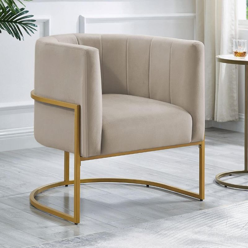 Photo 1 of 24KF Upholstered Living Room Chair Modern Taupe Textured Velvet Comfortable Accent Chair with Golden Metal Stand-Taupe/Warm Gray
