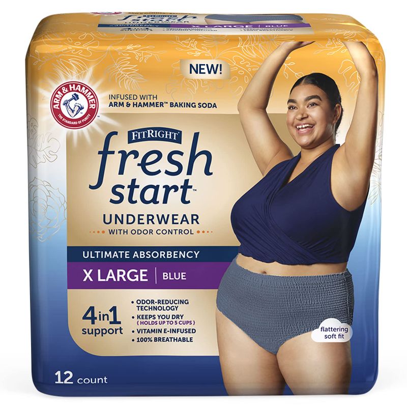 Photo 1 of FitRight Fresh Start Incontinence and Postpartum Underwear for Women, XL, Blue (12 Count) Ultimate Absorbency, Disposable Underwear with The Odor-Control Power of ARM & Hammer X-Large (12 Count) Blue