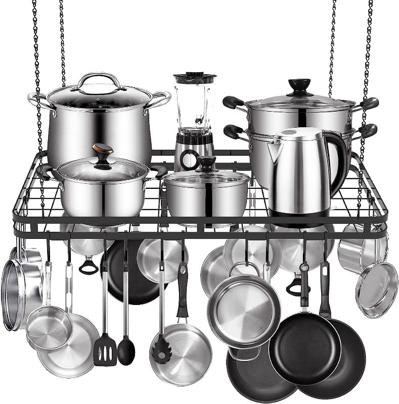 Photo 1 of  31.5 Inches Ceiling Pot Rack and Pan Rack for Ceiling with 12 Hooks, Storage Rack Multi-Purpose Organizer for Kitchen Organization, Home, Restaurant, Kitchen Cookware
