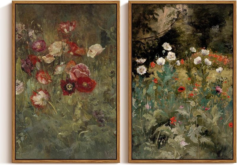 Photo 1 of InSimSea Two Vintage Framed Large Wall Art Artwork, Retro Poppies Floral Paintings Home Decor, Canvas Prints, Farmhouse Still Life Flower Wall Pictures for Bedroom Living Room,16x24inch,Set of 2
