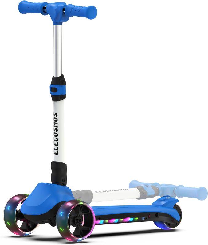 Photo 1 of ELECOSMOS Foldable Electric Scooter for Kids Ages 3-12, Thumb Throttle, Flash Deck & 3 Extra Wide Light Up Big Wheels, 3 Heights Adjustable, 5 MPH Safe Speed, Super Lightweight Kick Scooter for Kids
