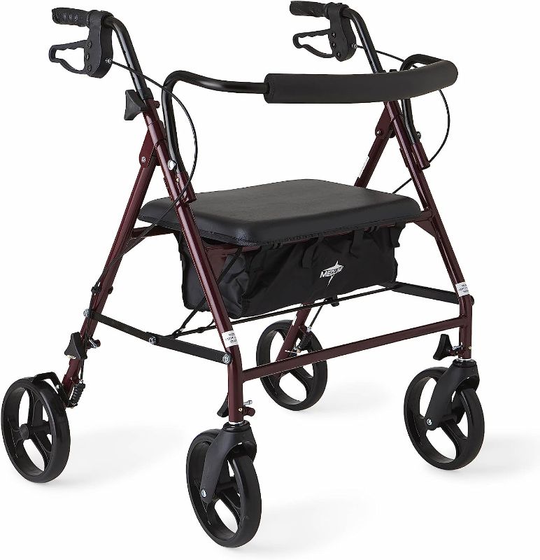 Photo 1 of Medline Heavy Duty Rollator Walker with Seat, Bariatric Rolling Walker Supports up to 500 lbs, Large 8-inch Wheels, Burgundy
