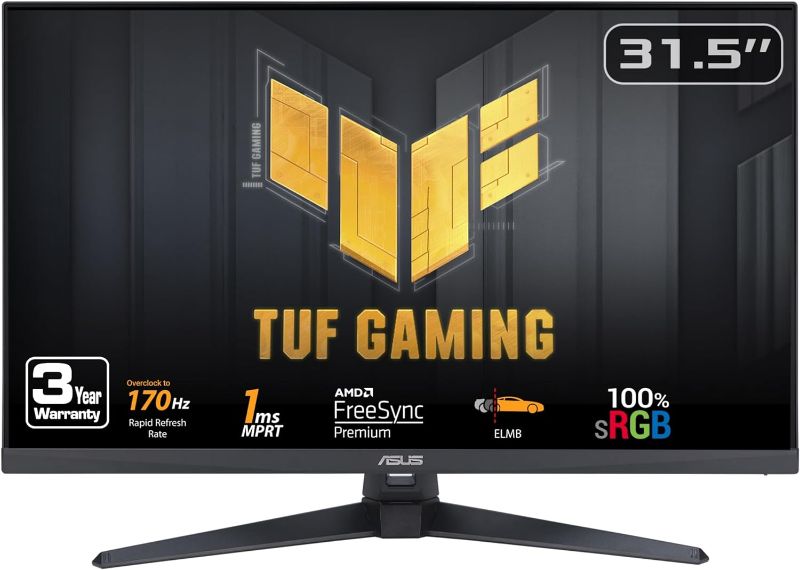 Photo 1 of ASUS TUF Gaming 32” (31.5-inch viewable) 1080P Gaming Monitor (VG328QA1A) - Full HD, 170Hz, 1ms, Extreme Low Motion Blur, FreeSync Premium, Eye Care, Shadow Boost, HDMI, Tilt Adjustable,Black
