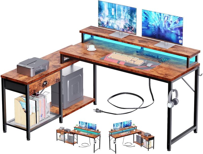 Photo 1 of Furologee L Shaped Computer Desk with Drawer, Reversible Corner Desk/83 Long Desk with LED Lights & Power Outlets, Home Office Gaming Table with 2 Shelves and Monitor Stand-(47.2+39.4) in
