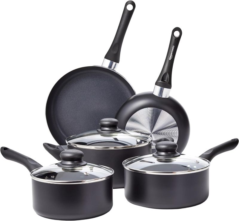 Photo 1 of Amazon Basics Non-Stick Cookware 8-Piece Set, Pots and Pans, Black
