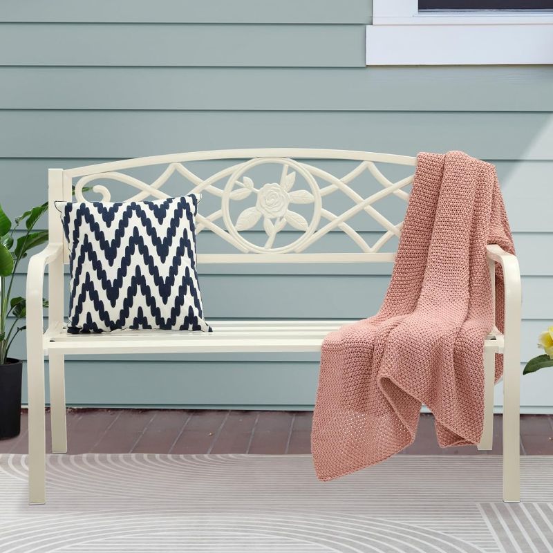 Photo 1 of YITAHOME Outdoor Bench 50" Metal Bench Rose Pattern Patio Bench with Backrest and Armrest for Porch Lawn Balcony Backyard and Indoor White
