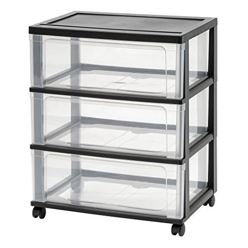 Photo 1 of Plastic 3 Drawer Wide Storage Cart with 4 Caster Wheels, Black - Black
