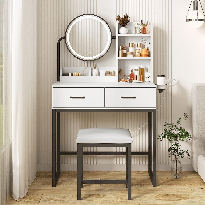 Photo 1 of Makeup Vanity Desk with Mirror and Lights, Cute Vanity Makeup Table, Small Vanity Table for Bedroom with Lots Storage, 3 Lighting Modes, 31.5in(L)
