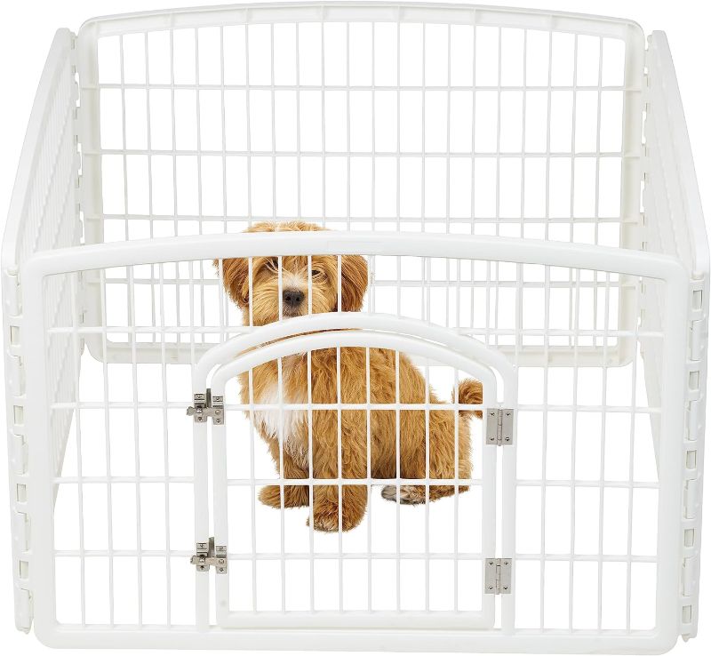 Photo 1 of IRIS USA 24" Exercise 4-Panel Pet Playpen with Door, Dog Playpen, Puppy Playpen, for Small and Medium Dogs, Keep Pets Secure, Easy Assemble, Rust-Free, Heavy-Duty Molded Plastic,, White

