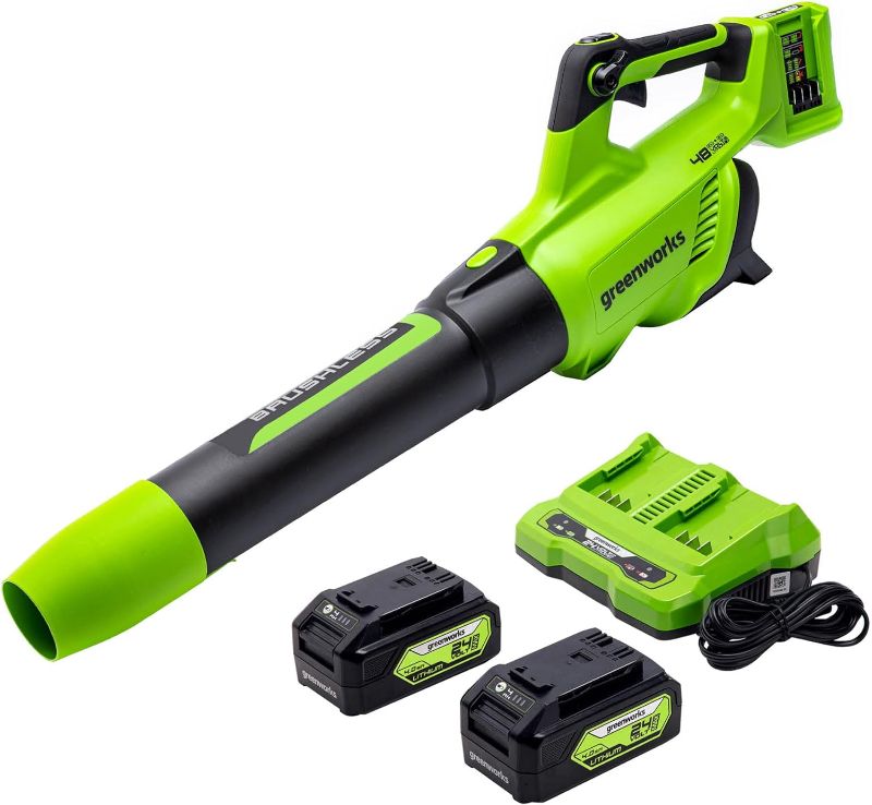 Photo 1 of Greenworks 48V (2 x 24V) Cordless Brushless Axial Leaf Blower (140 MPH / 585 CFM / 125+ Compatible Tools), (2) 4.0Ah Batteries and Dual Port Rapid Charger Included
