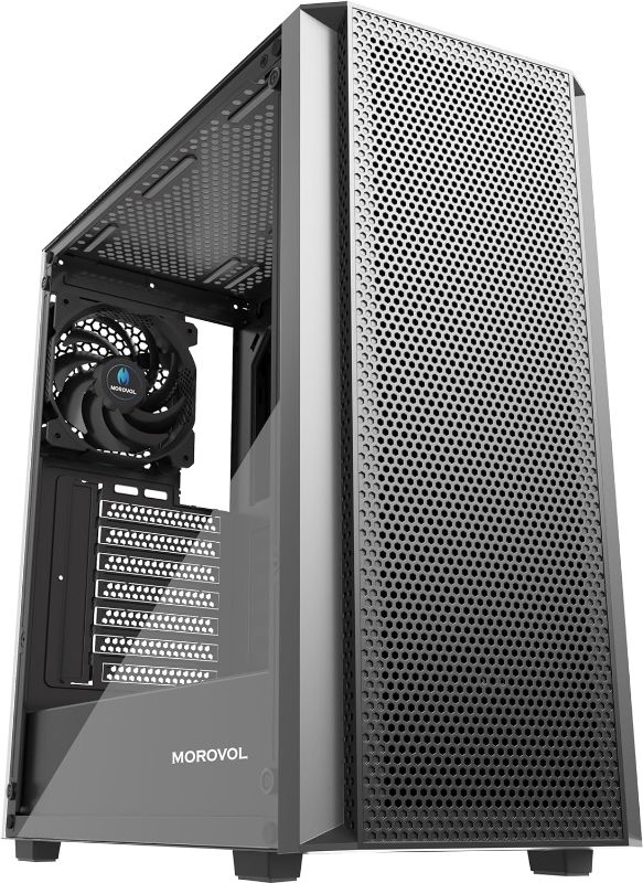 Photo 1 of MOROVOL ATX PC Case, Mesh Front Panel Mid Tower Gaming PC Case, 4 Fans Preinstalled USB 3.0 Tempered Glass PC Case, Black Computer Case 