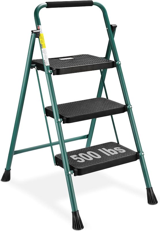 Photo 1 of HBTower 3 Step Ladder, Folding Step Stool with Wide Anti-Slip Pedal, 500 lbs Sturdy Steel Ladder, Convenient Handgrip, Lightweight, Portable, Green and Black
