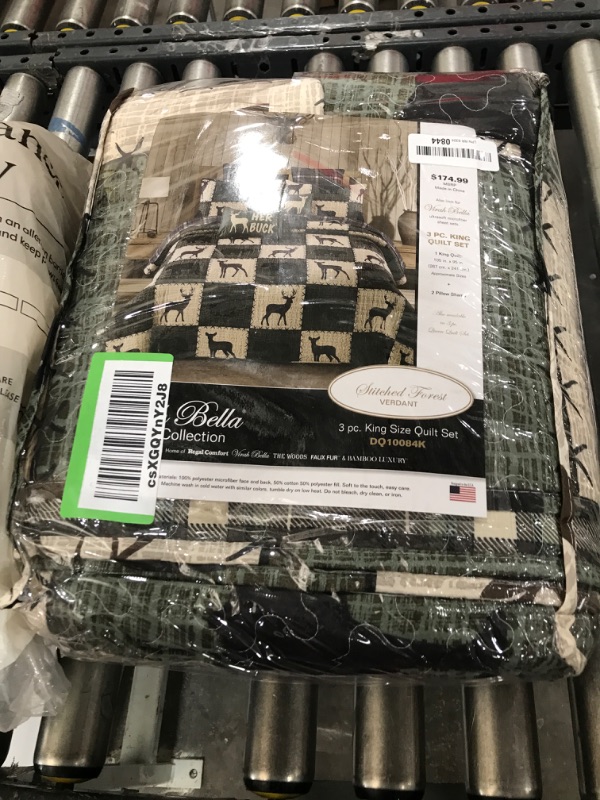 Photo 2 of Virah Bella 3 Piece King Cabin Quilt Bedding Set - Stitched Forest - Verdant - Rustic Country Reversible Patchwork Comforter Set with Decorative Pillow Shams