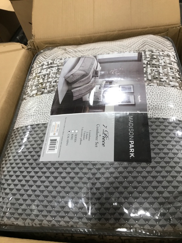 Photo 2 of Madison Park Luxury Comforter Set-Traditional Jacquard Design All Season Down Alternative Bedding, Matching Bedskirt, Decorative Pillows, Cal King(104"x92"), Rhapsody, Striped Grey/Taupe 7 Piece Striped Grey/Taupe Cal King(104"x92")
