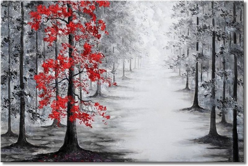 Photo 1 of Forest Wall Art Decor Painting Pictures Print On Canvas, Black and Red Tree Framed Canvas Wall Art for Home Decoration Living Room Bedroom Artwork