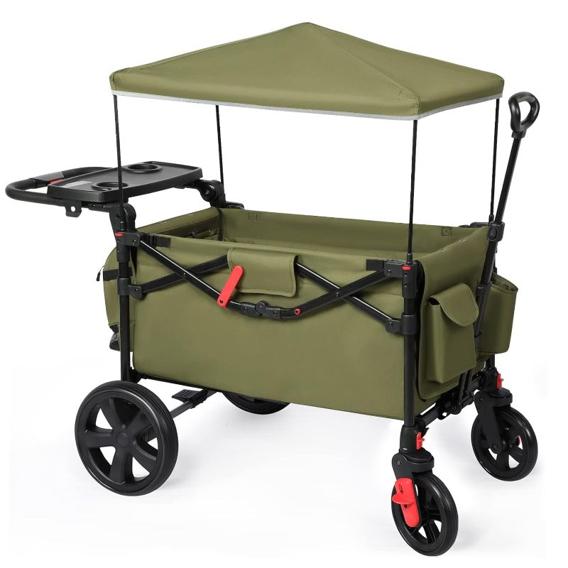 Photo 1 of EVER ADVANCED Foldable Wagons for Two Kids & Cargo, Collapsible Folding Wagon Stroller with Adjustable Handle Bar,Removable Canopy with 5-Point Harness,Green
