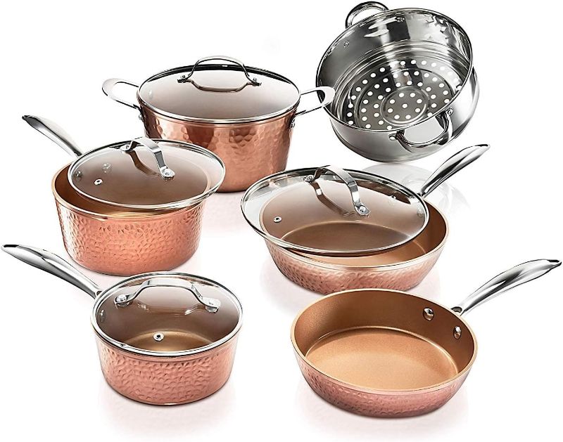 Photo 1 of Gotham Steel Hammered Copper 10 Pc Pots and Pans Set Non Stick Cookware Set, Non Toxic Ceramic Cookware Set, Kitchen Cookware Sets with Induction Cookware, Pot and Pan Set, Oven/Dishwasher Safe

