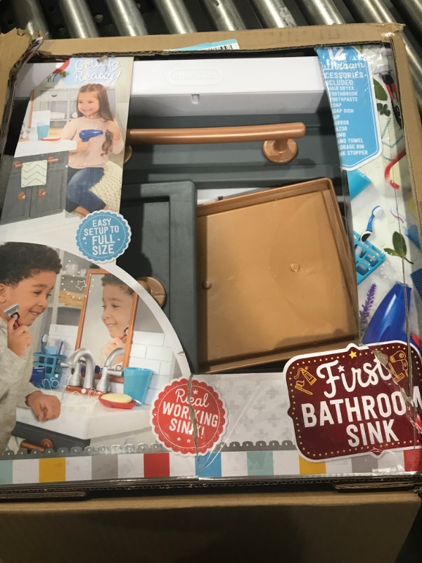 Photo 2 of Little Tikes First Bathroom Sink with Real Working Faucet Pretend Play for Kids, 12 Bathroom Accessories, Interactive Unique Toy Multi-Color, Ages 2+ Grey
