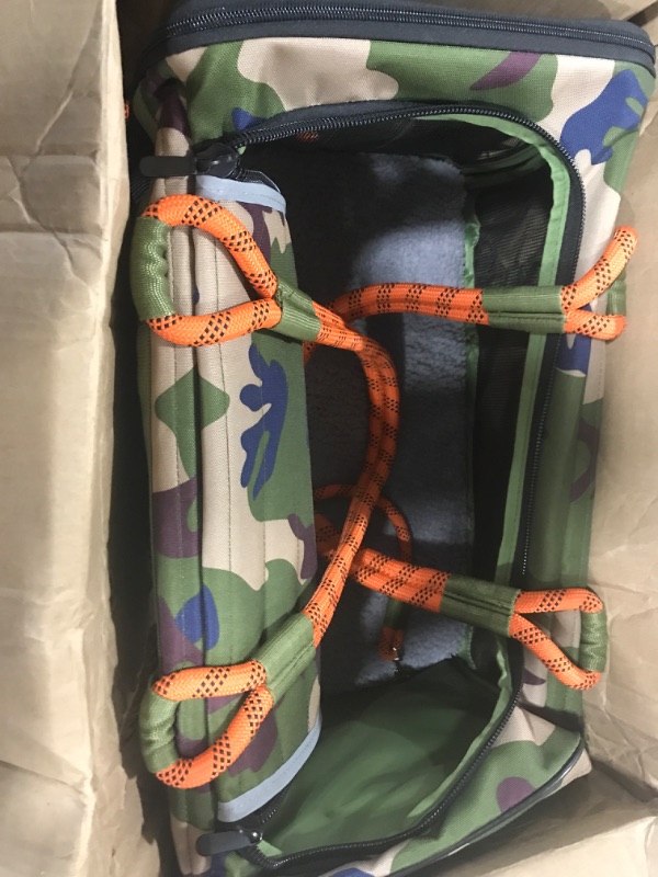 Photo 2 of ROVERLUND Airline Compliant Pet Carrier, Travel Bag & Car Seat. Includes Leash. Stylish. Durable. Two Sizes for Most Pets up to 20lbs. Large Camo Orange