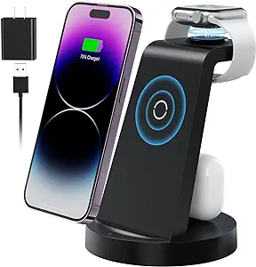 Photo 1 of 3 in 1 Charging Station for Apple Device, Wireless Charger for iPhone 15 14 13 12 11 Pro Max & Apple Watch iwacth - Charging Stand Dock for AirPods
