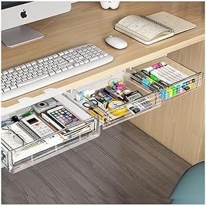 Photo 1 of 3 Pack Under Desk Drawer Organizer, Slide Out Desk Drawer, Clear Plastic Drawer Under Desk for Office, School, Home, Hidden Desktop Organizer Pen Holder for...
