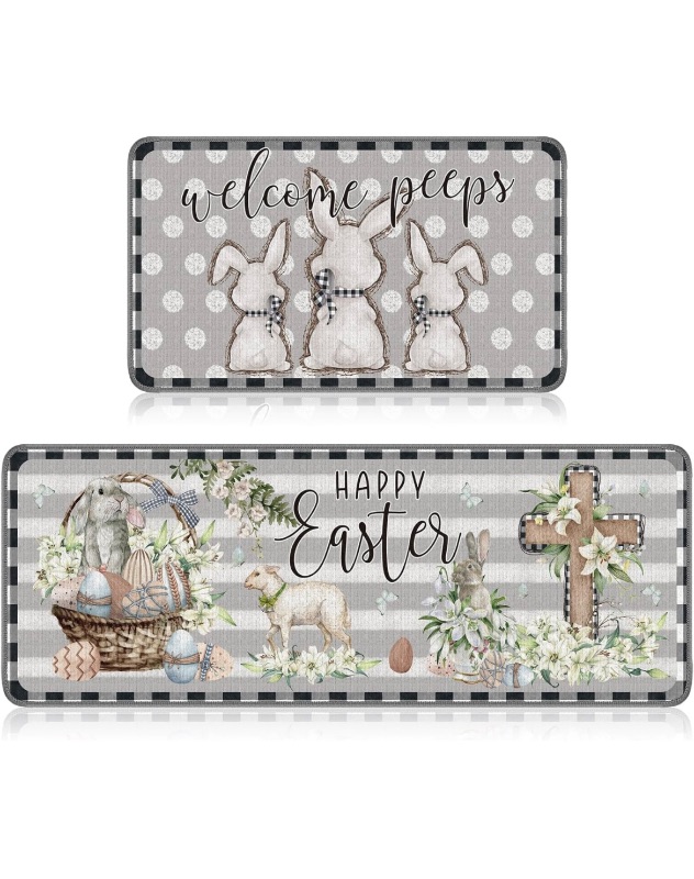 Photo 1 of Easter Kitchen Rugs and Mats Set of 2, Easter Welcome Kitchen Decor Happy Easter Farmhouse Bunny Cross Flower Basket Door Mat for Floor, Spring Easter Decorations for Home, 17 x 30, 17 x 47 In