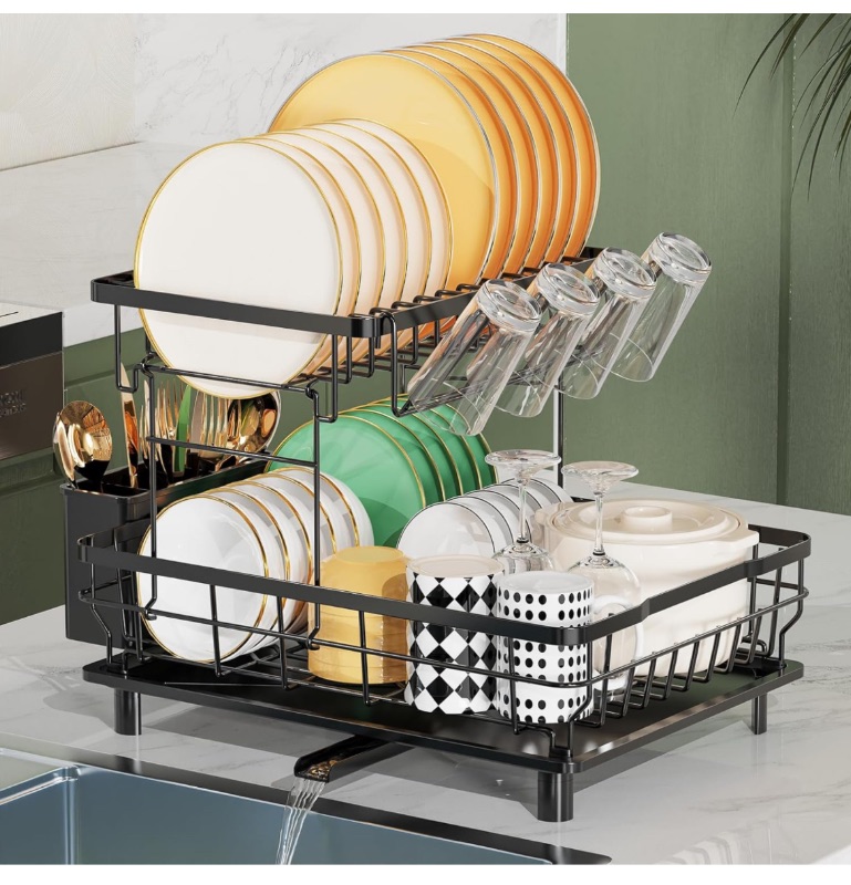 Photo 1 of 2 Tier Dish Drying Rack Multifunctional Dish Rack for Kitchen Counter, Stainless Steel Large Capacity Dish Drainer with Drainboard, Utensil Holder, Cup Holder for Dishes, Knives, Spoons, Forks, Black