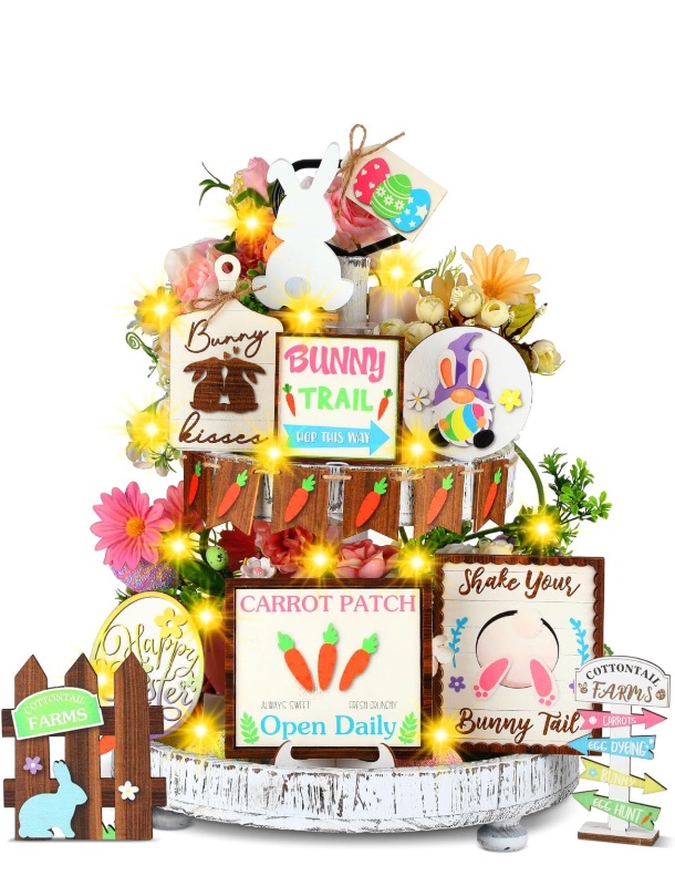 Photo 1 of 16 Pcs Christian Easter Tiered Tray Decor Bunny Tiered Tray Decoration Set with LED String Light Easter Decorations He is Risen Cross Carrot Egg Wooden Table Signs for Home Decor (Bunny)