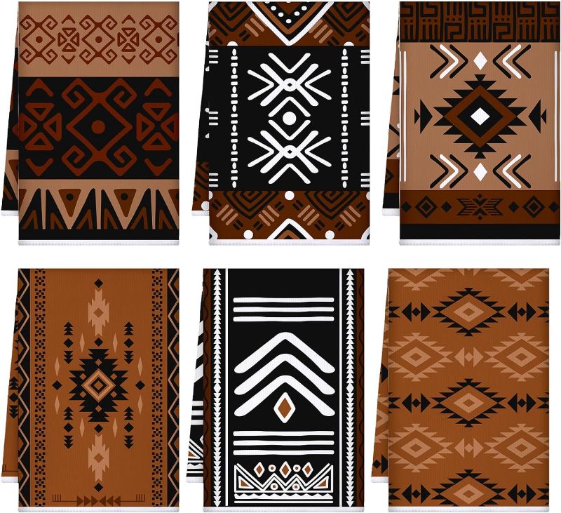 Photo 1 of Bencailor Set of 6 Brown Geometric Ethnic Microfiber Kitchen Towels African Mudcloth Hand Towels Absorbent Tea Dish Towels for Home 15.75 x 23.62(Colorful, Classic Style) 