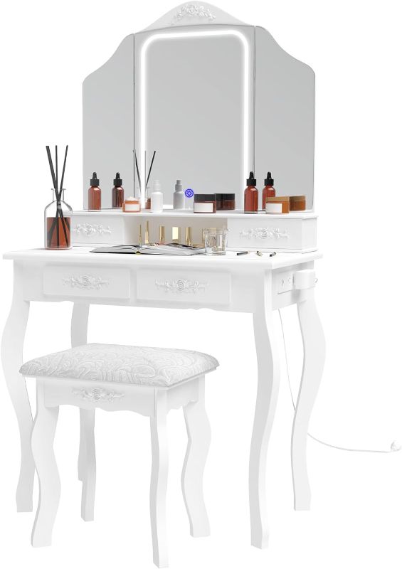 Photo 1 of *DAMAGED* JIFULI Vanity Desk with Mirror and Lights,White Makeup Desk with 3 Shades of Light & Adjustable,Vanity Desk with 4 Drawers for Bedroom(USB&PD) 