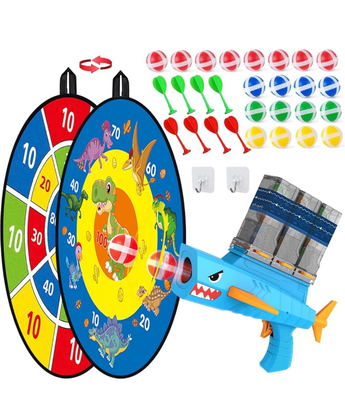 Photo 1 of Dart Board for Kids Dart Board, 3 in 1 Double Sided Dartboards with Shark Toy Gun, 32pcs Outdoor Toys Gifts for 3 4 5 6 7 8 Years Old Boys Girls+20 Sticky Balls, Outdoor/Indoor Games Birthday Gifts