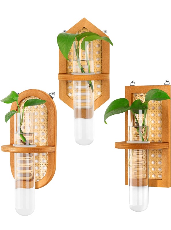 Photo 1 of 3 Pcs Hanging Propagation Station Boho Wall Propagation Planters Rattan Plant Propagation Test Tube Geometric Plant Terrarium for Indoor Hydroponics Plants Home Office Decor