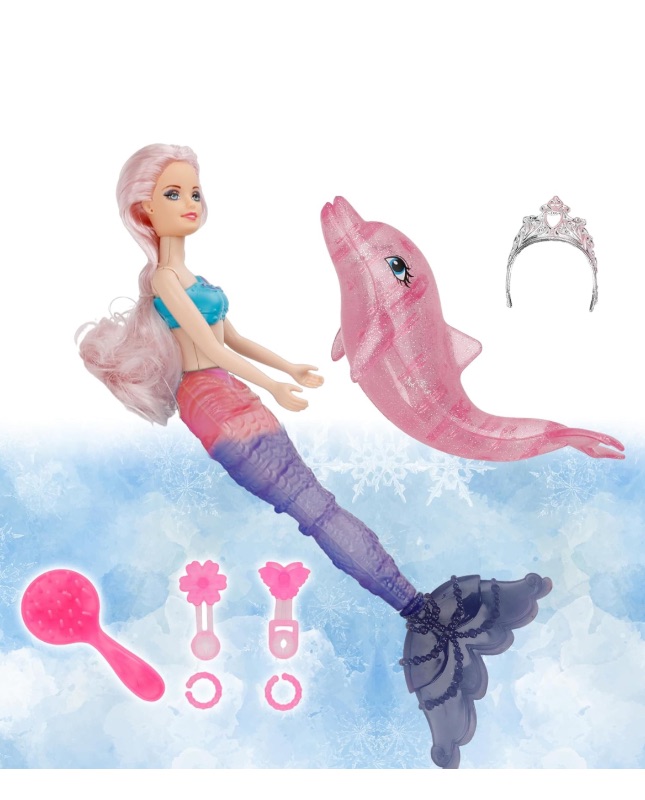 Photo 1 of BETTINA Mermaid Princess Doll Playset, Temperature Color Change Mermaid Tail, Dressing Up Doll 12" and Crystal Light Red Dolphin Mermaid Toys for Little Girls and Play Gift Set Aged 3+