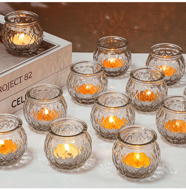 Photo 1 of 40 Pcs Round Tea Lights Candle Holder Glass Tealight Candle Holder Romantic Votive Candle Holder Bulk for Valentine's Day Wedding Party Birthday Table Centerpieces Living Room Home(Clear)