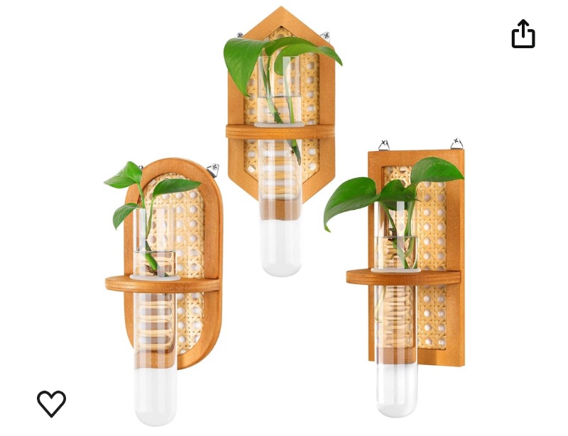 Photo 1 of 3 Pcs Hanging Propagation Station Boho Wall Propagation Planters Rattan Plant Propagation Test Tube Geometric Plant Terrarium for Indoor Hydroponics Plants Home Office Decor