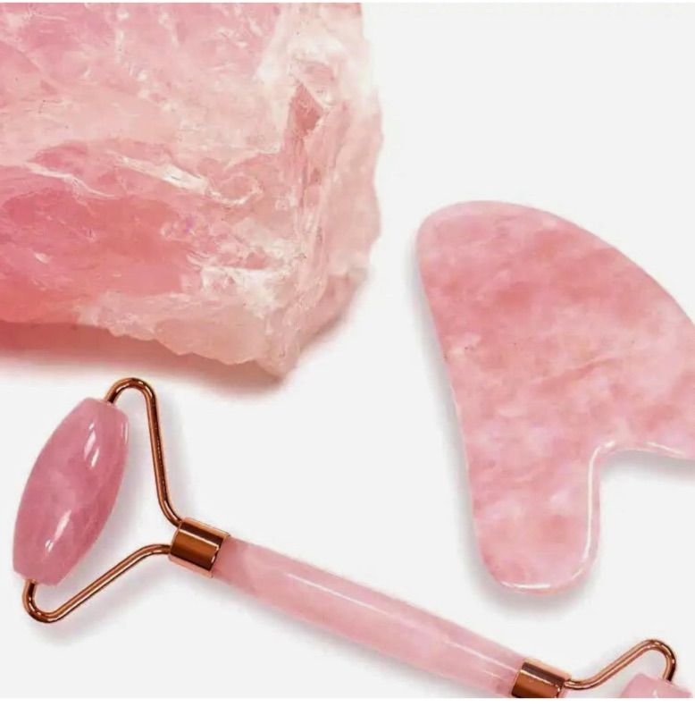 Photo 1 of 2 Pcs Rose Quartz Facial Roller and Gua Sha Set for Face Lymphatic Drainage and Skincare with Headband