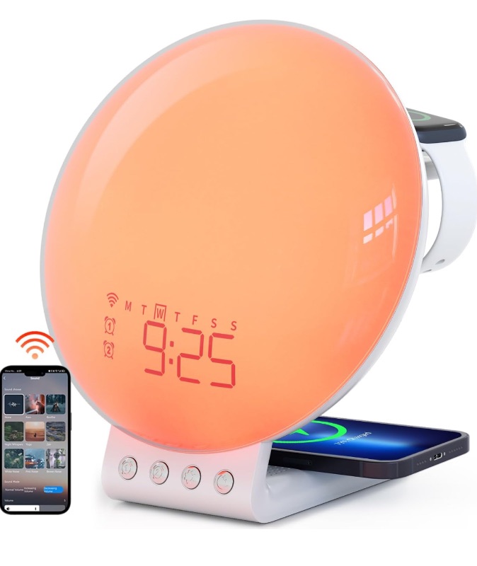 Photo 1 of Dekala Smart Sunrise Alarm Clock with Wireless Charging for iPhone 14 13 12 Apple Watch AirPods Samsung, White Noise Sleep Sounds Machine, Nursery Night Light for heavy sleeper kid Touch & App Control