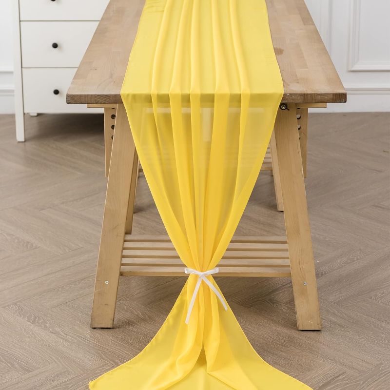 Photo 1 of 10ft Chiffon Table Runner 29 x 120 Inches Sheer Chiffon Fabric Wedding Runner Sheer for Wedding Birthday Party Bridal Shower Outdoor Decoration (Yellow,1 Pcs)