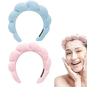 Photo 1 of 2pcs Co Spa Headband Women - Face Wash with Sponge Spa Headband Terry Cloth Fabric Headband,Makeup Removal, Shower, Mask - Skin Care Soft Headband?Croissant Headband (Blue+Pink)