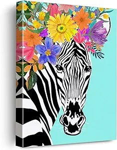 Photo 1 of Floral Crown Zebra Canvas Poster Painting Wall Art, Zebra Picture Artwork Framed Print Ready to Hang for Home Bathroom Toilet Wall Decor 12 x 15 Inch