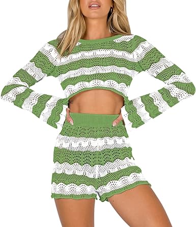 Photo 1 of Duigluw Women 2 Piece Summer Outfits Hollow Out Crop Top High Waisted Shorts Knit Lounge Sets SIZE S