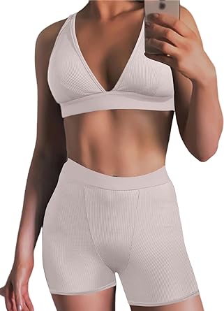 Photo 1 of Ekaliy Women's Workout Outfit 2 Pieces High Waist Bodycon Yoga Leggings and Sleeveless Crop Top Gym Clothes Set Tracksuit - BEIGE - SIZE L
