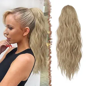 Photo 1 of FESHFEN Ponytail Extensions, Drawstring Ponytails Hair Extension Blonde & Ash Blonde Mixed Long Curly Wavy Hair Piece Synthetic Pony Tail Hairpieces for Women, 18 inch
