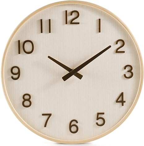 Photo 1 of  Modern Wall Clock, 12 Inch Wood Kitchen Accessories and Decor, Battery Operated Decorative Silent Clocks for Living Room/Bedroom/Bathroom/Office, White and Beige
