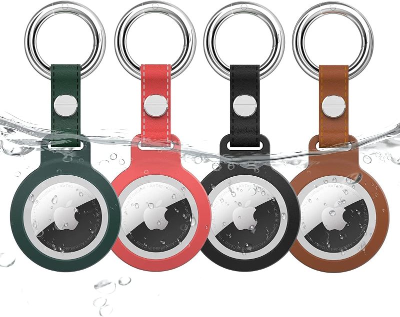 Photo 1 of 4 Pack Waterproof Airtag Keychain, Supfine Air Tag Holder Case with Leater Key Ring Compatible for Apple AirTags,Full Protective Cover Air Tags Tracker for Luggage,cat,Dog,Pets(Multi-Color) A-Black/Brown/Green/Red