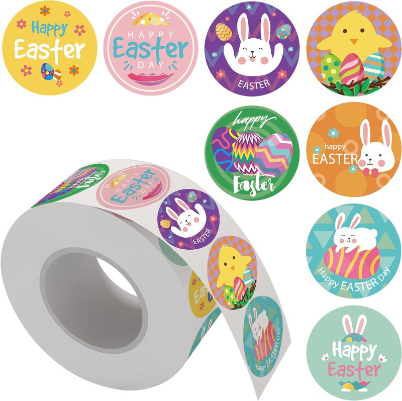 Photo 1 of 500 PCS Easter Stickers for Kids,8 Design Easter Stickers Roll, 1.5 inch Happy Easter Egg Bunny Stickers for Envelopes and Kids Card Gift.Easter Party Bag Games Favors Decorations 