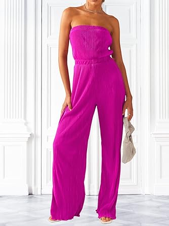 Photo 1 of ECHOINE Strapless Jumpsuits for Women Casual Sleeveless Pleated Tube Tops Wide Leg Palazzo Pants Suit Set Summer Outfits XL Pink