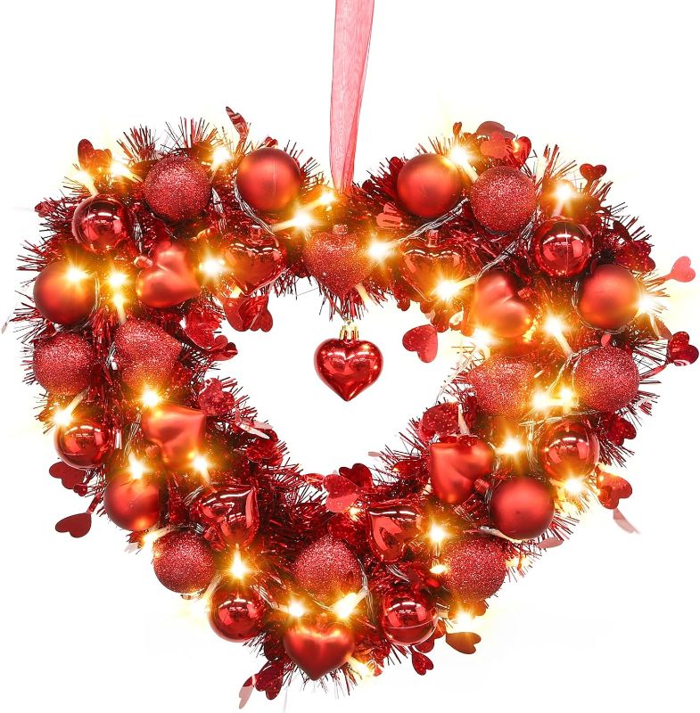 Photo 1 of 50 LED Lighted Valentine's Day Wreath- 14.6'' Glowing Gifts Red Heart Tinsel Decorations, Battery Powered, for Wedding Engagement Anniversary Birthday Ornaments Front Door Window Home Decor 